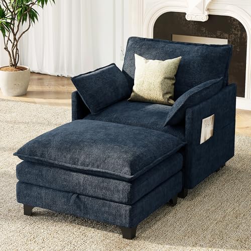 Accent Sofa Chair with Storage Ottoman, Cloud Sigle Couch with Side Pocket fo...