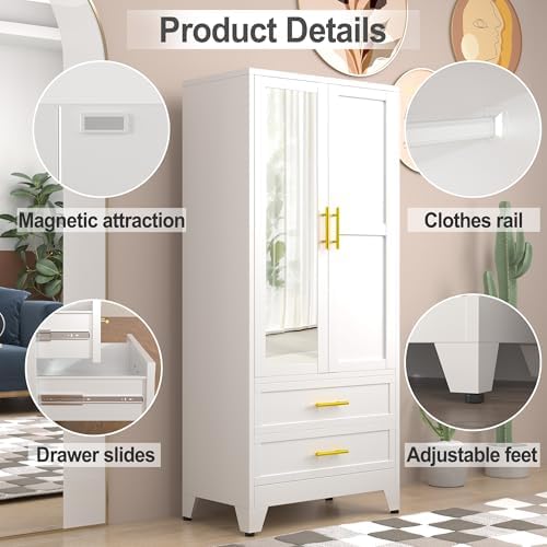 RIETERN Metal Armoire Wardrobe Closet, 71" Tall Bedroom Closet with Mirror