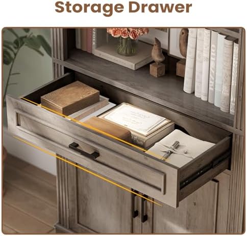 SEDETA Farmhouse Bookshelves and Bookcases with Doors, Drawer, Grey