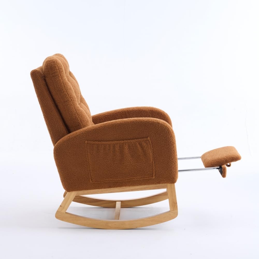 Accent Rocking Chair with Footrest High Back Rubber Wood Rocking Legs Bedroom...