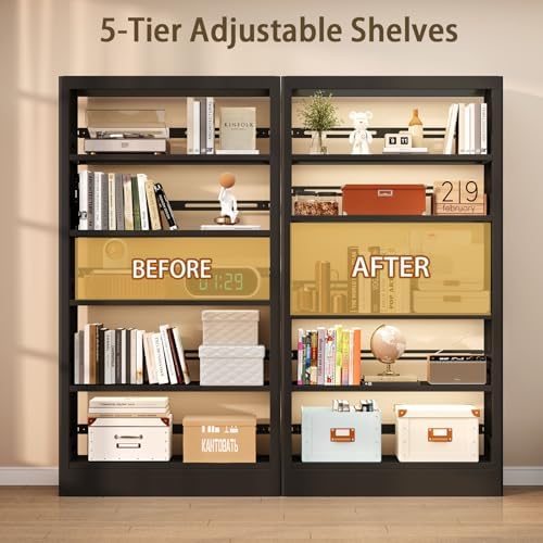 71"H Metal Bookshelf, 5 Tier Bookcase with Adjustable Shelves, Tall Book...