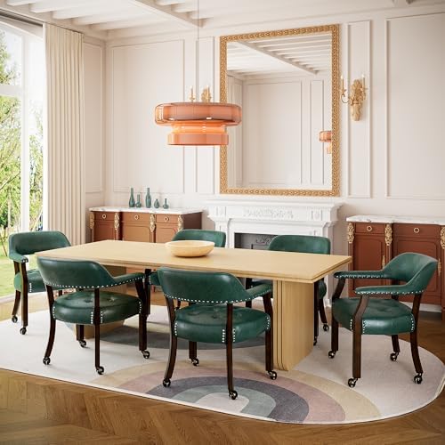 Set of 6 Dining Leather ArmChairs with Casters,Green PU, 360° Move | Accent K...