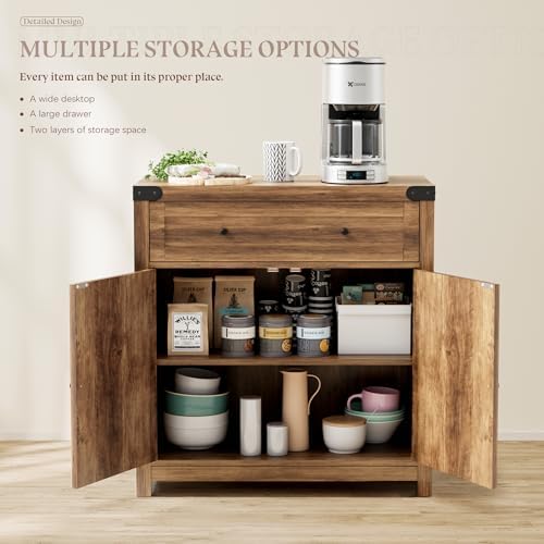 YESHOMY Farmhouse Coffee Bar and Accent Cabinet with Barn Doors, Brown