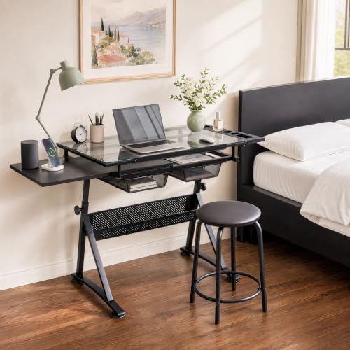 Athena Collection Glass Drafting Table W/Stool, Tilting Art Desk, Black