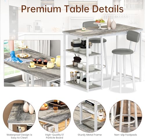 Recaceik Pub Dining Table Set for 2, Table and Bar Stools with 3 Storage Shel...