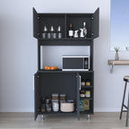 Modern Kitchen Pantry, Storage Cabinet with 4 Doors, Black, Particle Board, for Dining Room, Easy to Clean