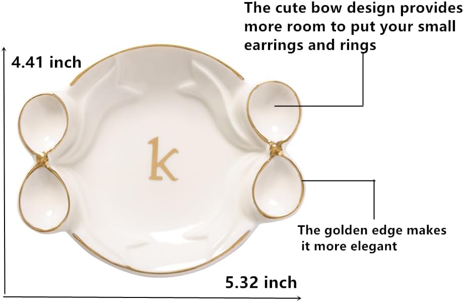 Ceramic Jewelry Tray, Exquisite Handmade Initial Ring Dish with Double Bow Design, Perfect for Organizing Rings Earrings Necklaces Keys, Gifts for Women on Birthday Mother's Day Christmas