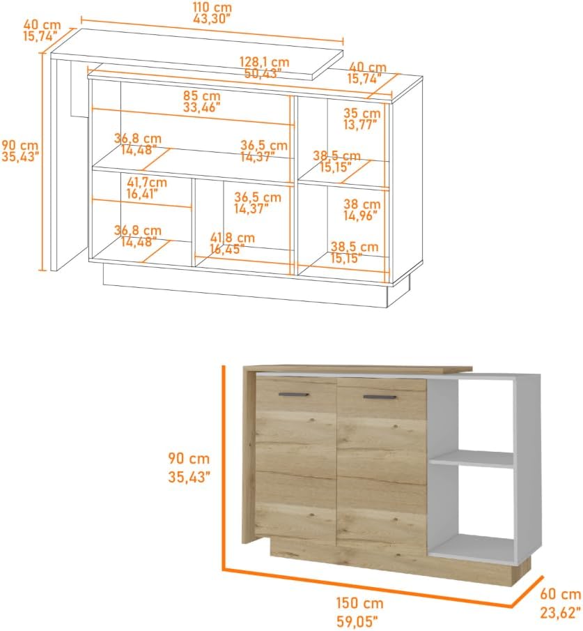 White and Light Oak 4-Door Kitchen Set with Island and Pantry Cabinet | Inclu...