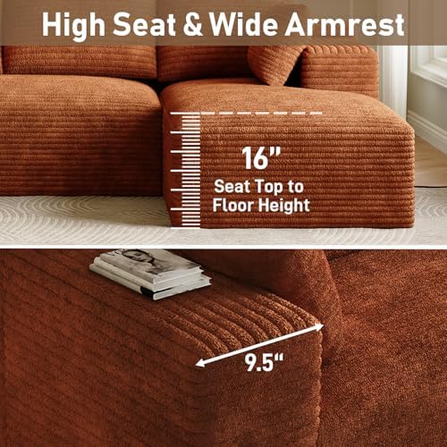ONEMMLION 96" L-Shaped Cloud Boneless Couch Sofa with Chaise, Orange | Corduroy Comfy Fluffy Modular Deep Seat Memory Foam Compressed Sectional Sofa for Living Room Oversized Right Facing Chaise