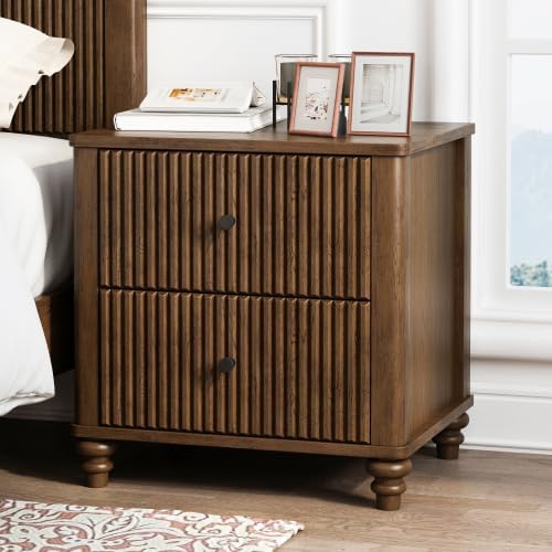 Fluted Nightstand, 21.65 Inch Wide Mid Century Modern Bedroom Side Table with...
