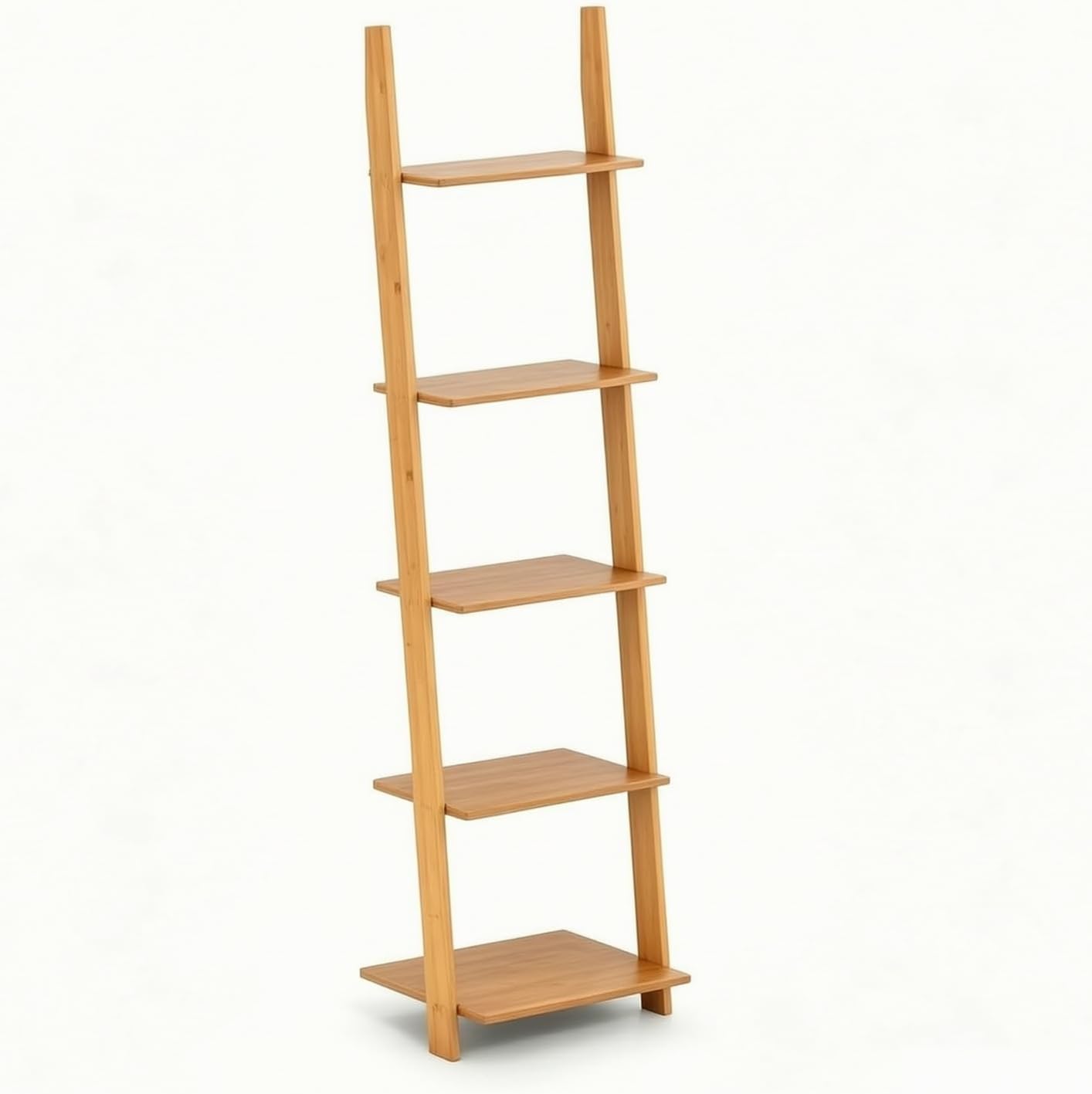 Multi Layer Storage Shelf Ladder Bookcase Stand with Bamboo Texture and Secure Wall Support Suitable for Cozy Living Compact Room Organization airy Interior Styling