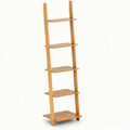Multi Layer Storage Shelf Ladder Bookcase Stand with Bamboo Finish and Stable Side Supports Suitable for Hallway Storage Apartment Organization Office Display