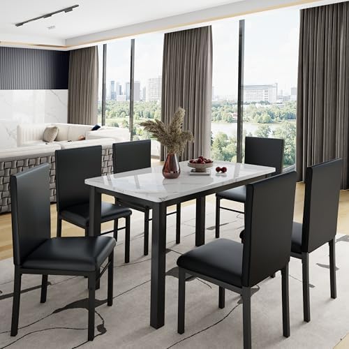 7 Piece Faux Marble Dining Table Set for 6, Space Saving Kitchen Table and Ch...