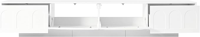 Ball & Cast Modern TV Stand with Fluted Tempered Glass Doors for TVs up to 95'', Entertainment Center w/Led Lights, Cabinets & 2 Drawers,Arched Door Design,Media Console for Living Room,White
