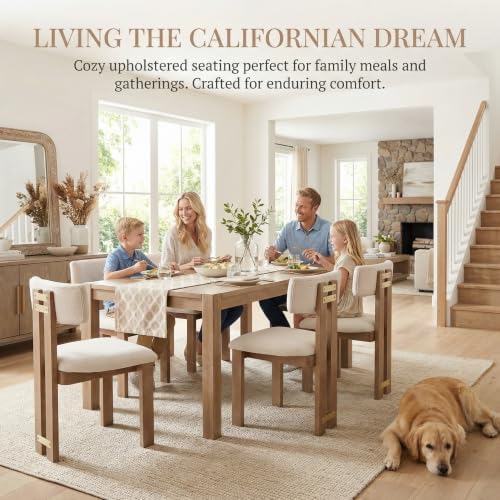 HNY Modern Linen Dining Chairs Set of 6 with Curved Back Support, Beige
