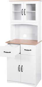67'' H Kitchen Pantry Cabinet, Modern White Tall Storage Cabinet with Glass Doors and Drawers, Kitchen Storage Microwave Cabinet for Dining Room