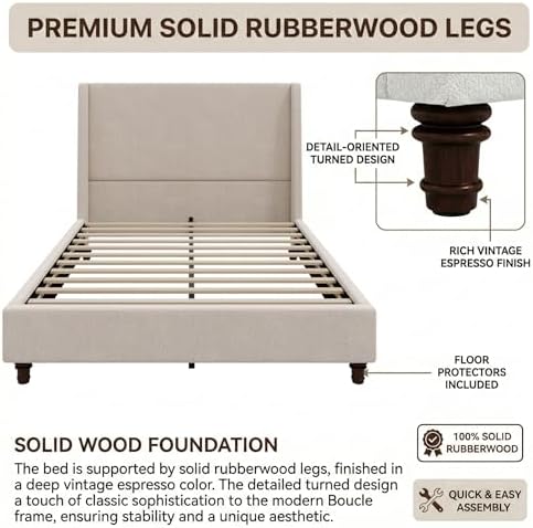 Queen Size Upholstered Bed Frame, 52.7" High Headboard Wingback Bedframe...