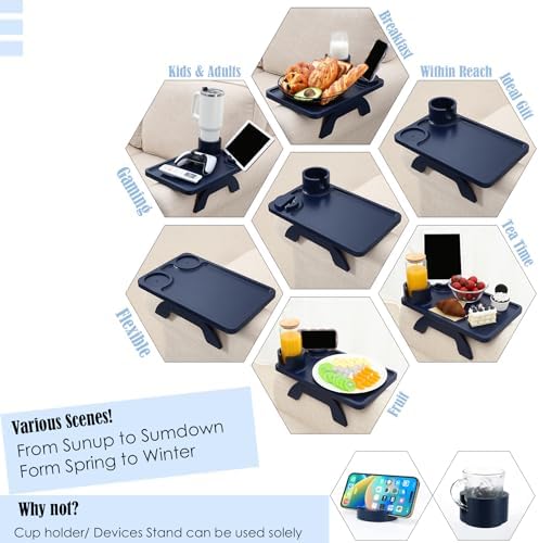 Nnewvante Couch Armrest Tray 3 in 1 Bamboo Clip-on Couch Table, Navy Blue, | ...