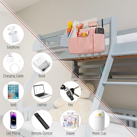 Bedside Storage Organizer 5 Pockets with 4 Hooks Hanging Storage Bag for Headboards/Bunk Bed (2Pack Pink)