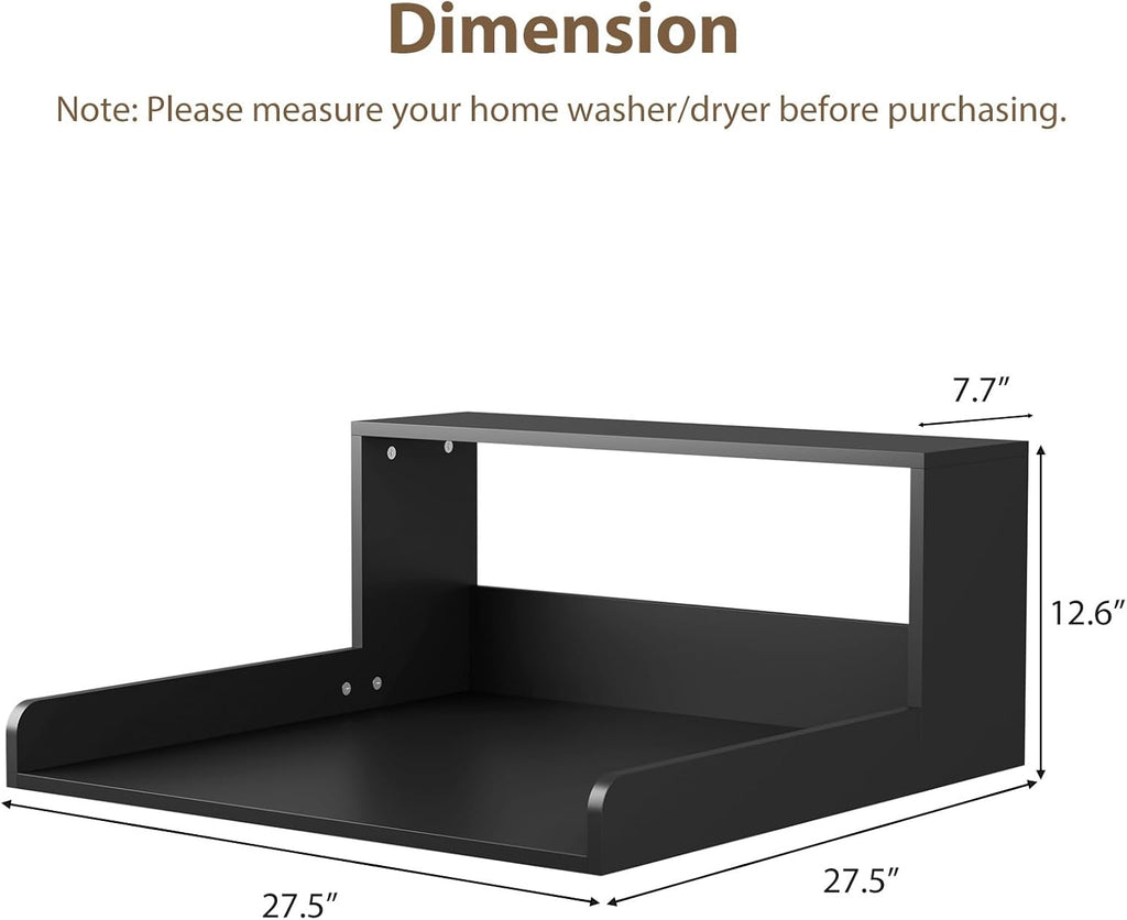 Washer Dryer Countertop with Shelf, 27.5" D x 27.5" W x 12.6" H, Sturdy Wood Frame, Countertop for Washer and Dryer, Non-Slip Pads & Edge Rails, Laundry Room Storage(Black)