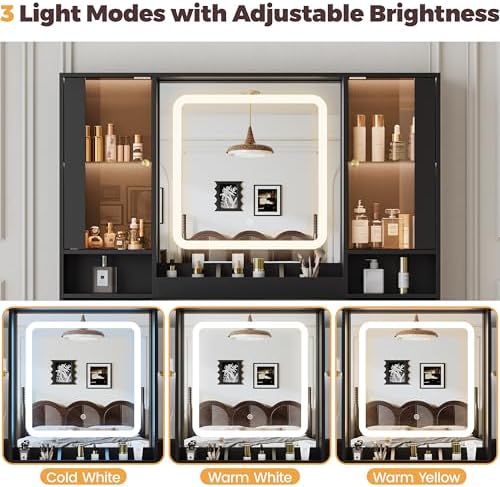 BORNOON Vanity Desk with Mirror and Lights, Makeup Vanity with 7 Drawers, 2 G...