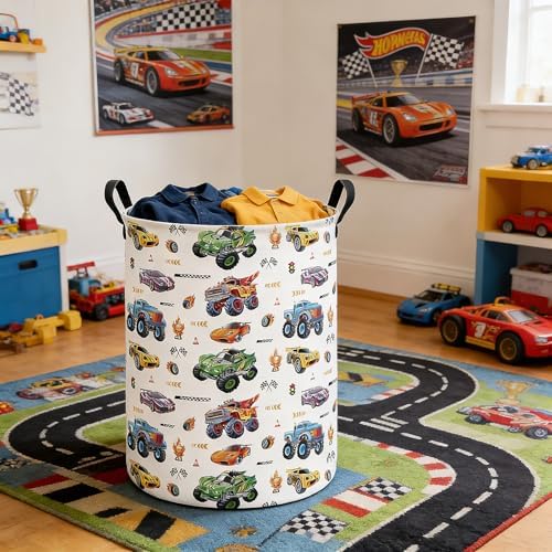 Monster Truck Laundry Hamper Storage Basket | Foldable with Waterproof PE Coating Organizer Bin for Kids Boys and Girls,Office,Bedroom,Clothes