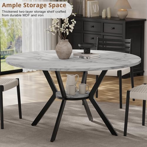 42" Round Dining Table for 2-4, Modern Kitchen Table with Faux Marble Ta...