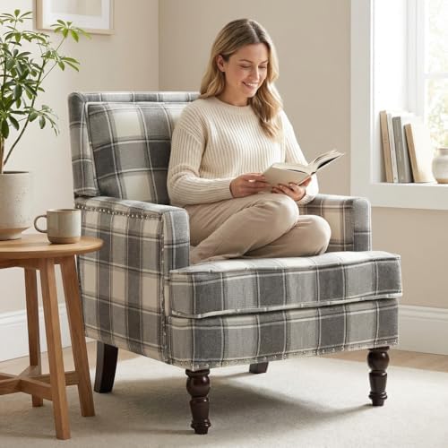 Plaid Accent Chair, Mid-Century Modern Armchair, Upholstered Decorative Readi...