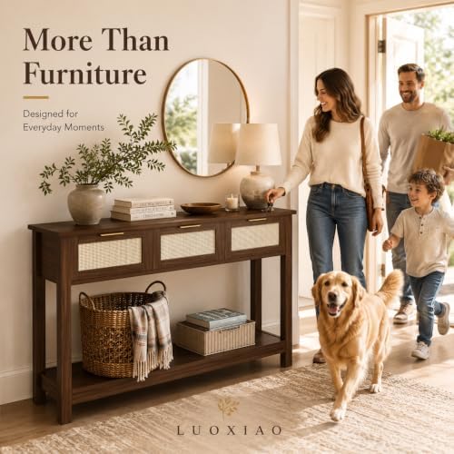Luoxiao Console Table for Entryway with 3 Rattan Drawers Storage Open Shelf |...
