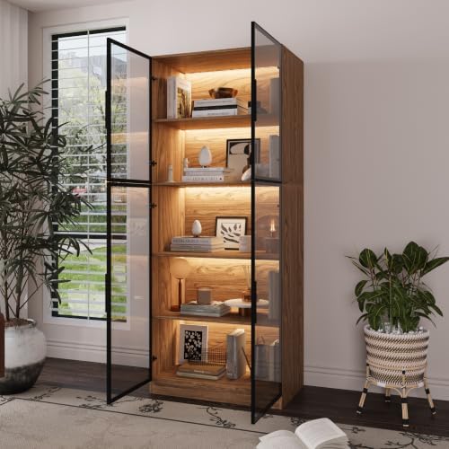 Mekminop Glass Display Cabinet with Lights and Shelves, Modern Display Case C...
