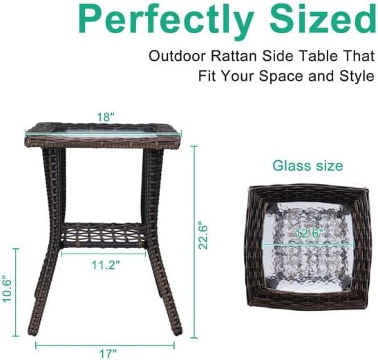 Outdoor Wicker Side Table, Rattan End with Glass Top, Patio Coffee Bistro for...