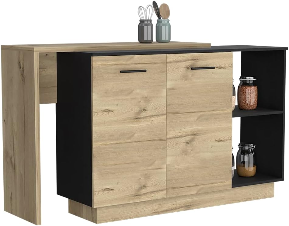 Kitchen Island with Double Doors and Three Shelves in Black | Includes two ex...