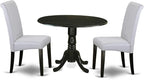 East West Furniture DLBA3-BLK-05 3 Piece Kitchen Table & Chairs Set Contains a Round Dining Room Table with Dropleaf and 2 Grey Linen Fabric Parsons Dining Chairs, 42x42 Inch, Black