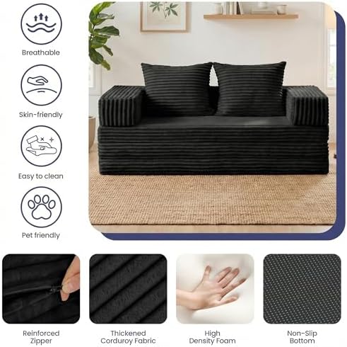 Convertible Sofa Bed, 4-in-1 Loveseat with Removable Armrests Backrest, Cordu...