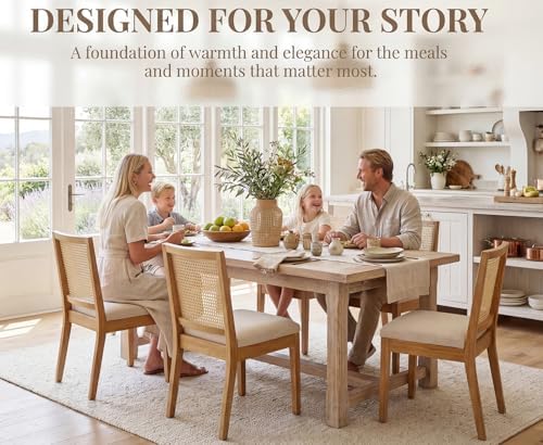 HNY Farmhouse Rattan Dining Chairs Set of 6, Natural Solid Hardwood Frame, Up...