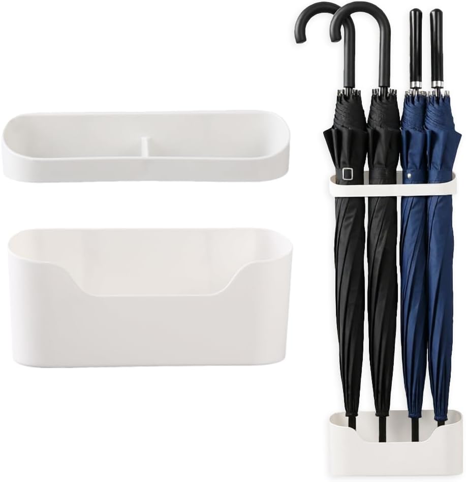 White Umbrella Racks, 1 Set Compact Space-Saving Storage for Long Stick & Foldable Umbrellas, No-Drill Wall Mount Water Draining Organizer, Height Adjustable Holder, Indoor Home Entryway & Office Use