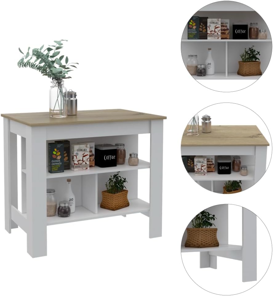 Kitchen Island with Three Storage Shelves and Four Legs | Tabletop with silve...