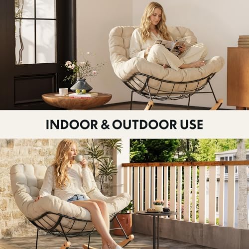 FLEXISPOT Oversized Outdoor Rocking Chair with Thick Cushion, Beige | Thick C...