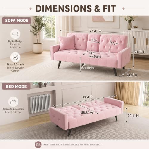Anwick Modern Velvet 2 in 1 Futon Sofa Bed,Convertible Folding Sleeper Bed Co...