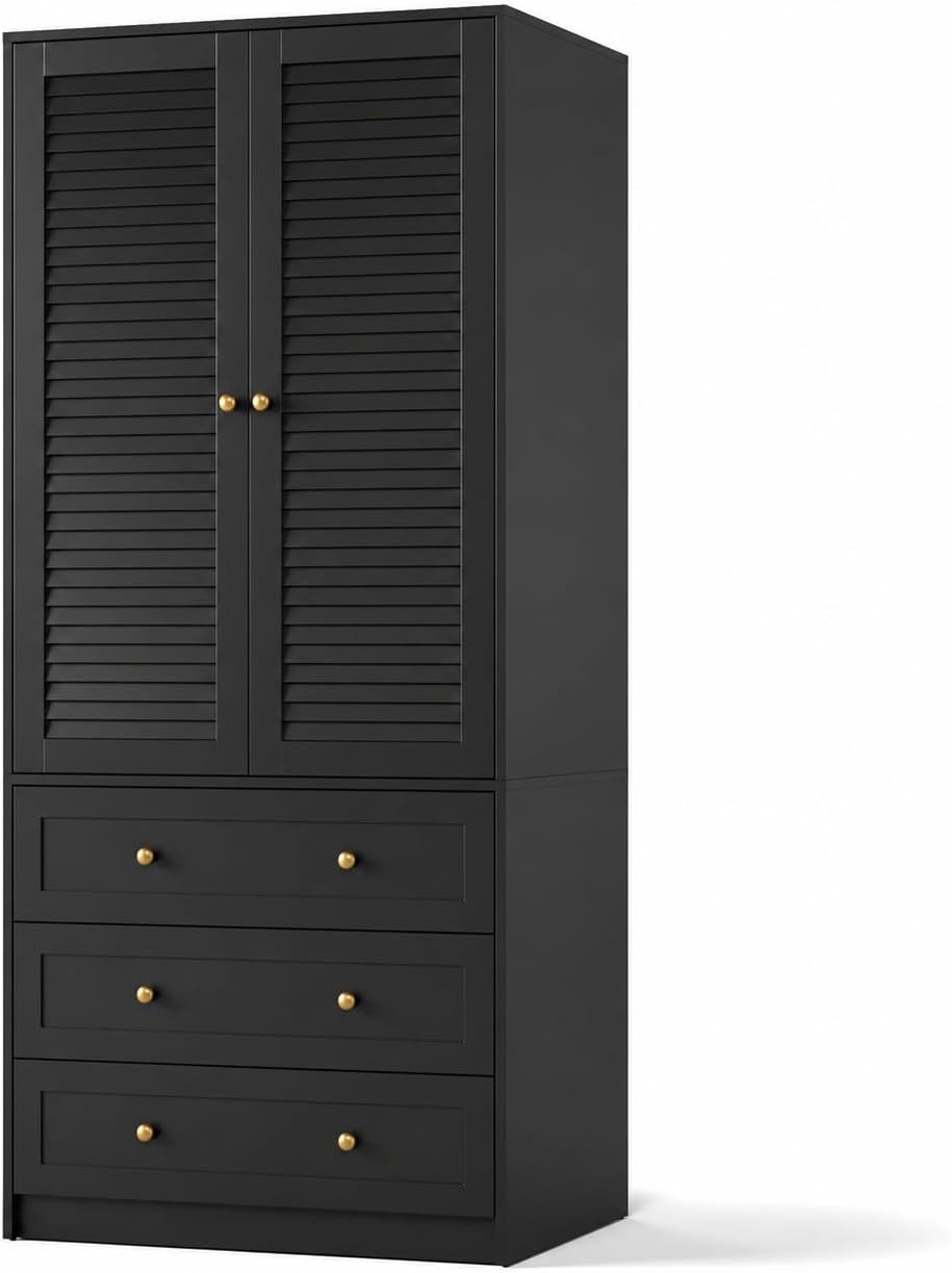 GarveeHome 70" Wardrobe Armoire Wooden Closet with 3 Drawers, Black
