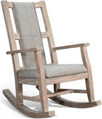 Pemberly Row Wood Farmhouse Rocking Chair, Natural Finish, Gray Upholstered Cushions, Ladder Back Design, Modern Style, High Backrest, Comfortable Seating for Living Room, Bedroom, or Nursery