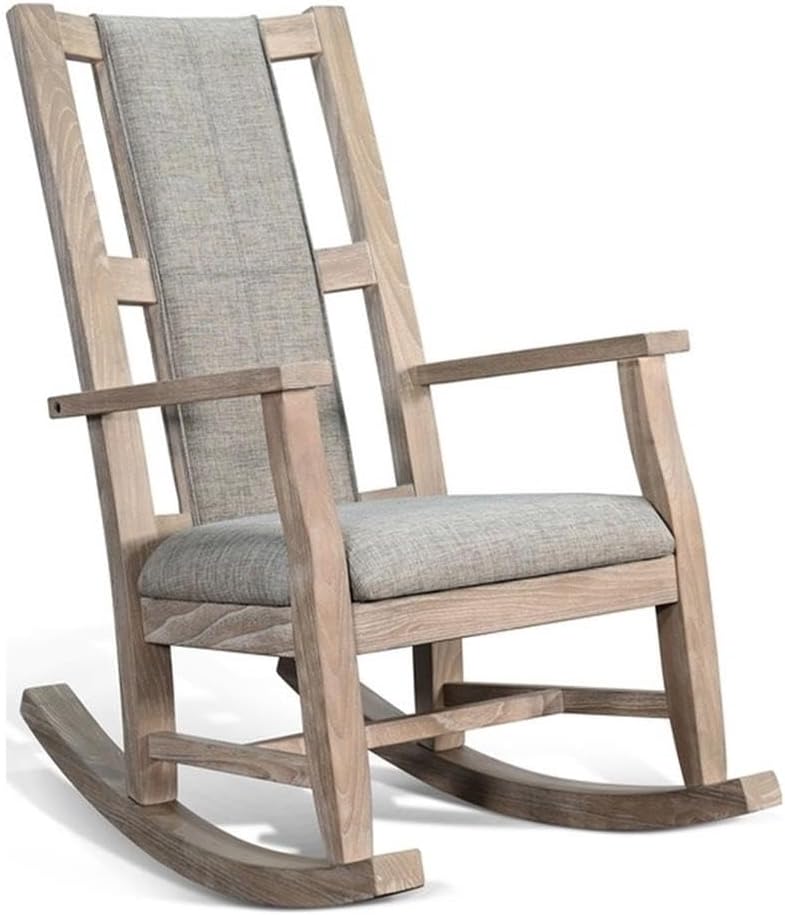 Pemberly Row Wood Farmhouse Rocking Chair, Natural Finish, Gray Upholstered Cushions, Ladder Back Design, Modern Style, High Backrest, Comfortable Seating for Living Room, Bedroom, or Nursery