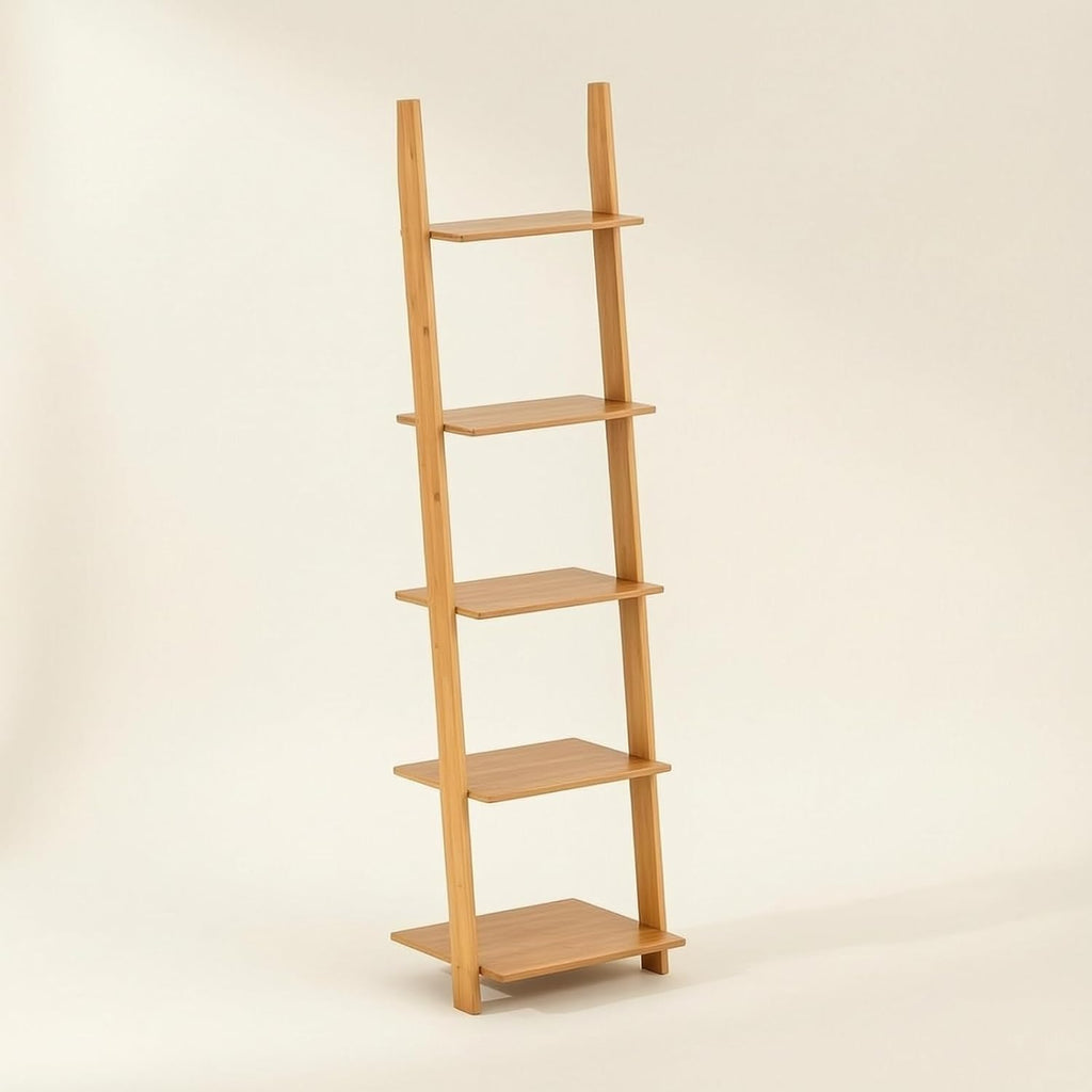 Multi Layer Storage Shelf Ladder Bookcase Stand with Bamboo Texture and Secure Wall Support Suitable for Cozy Living Compact Room Organization airy Interior Styling