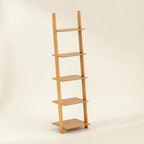 Multi Layer Storage Shelf Ladder Bookcase Stand with Bamboo Texture and Secure Wall Support Suitable for Cozy Living Compact Room Organization airy Interior Styling