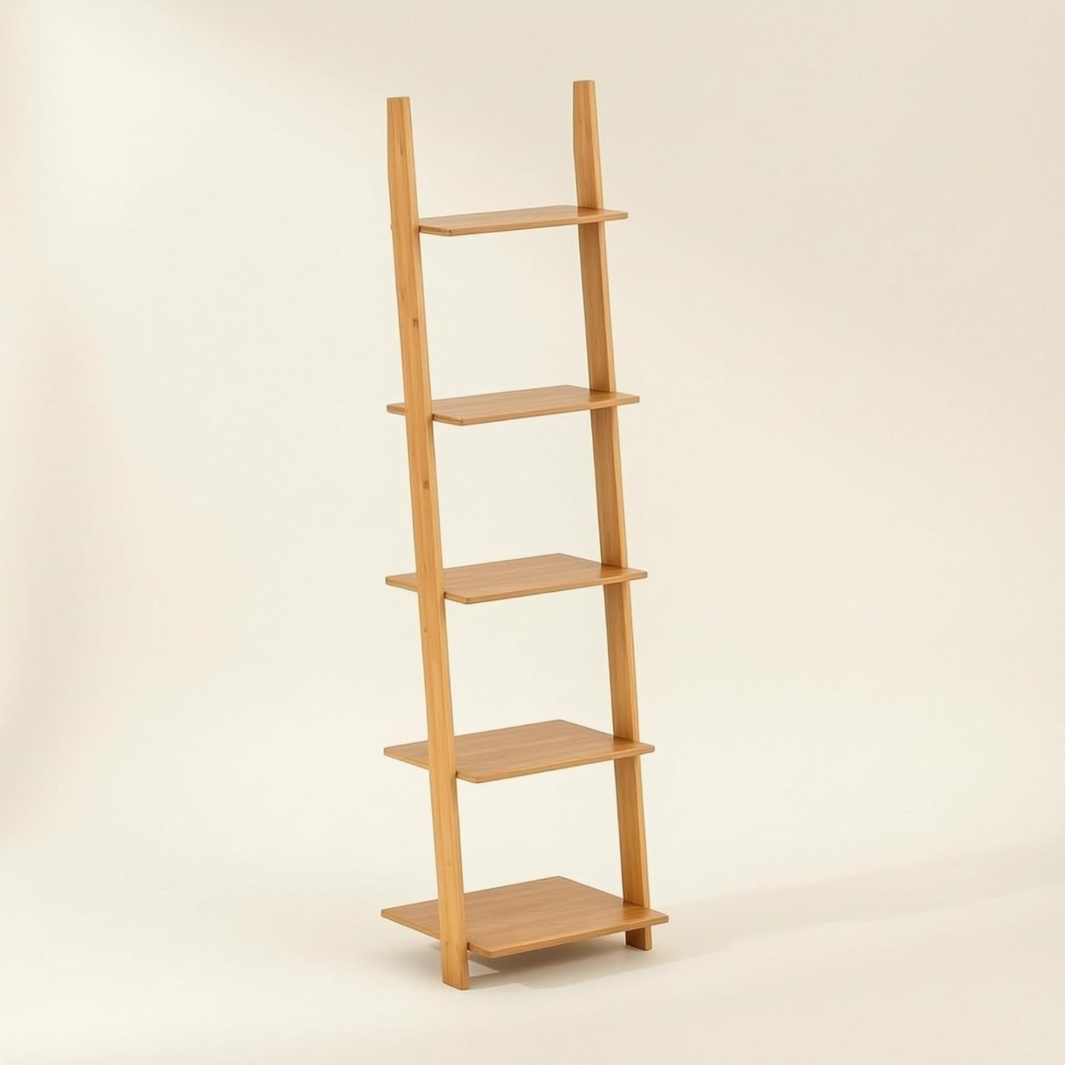 Multi Layer Storage Shelf Ladder Bookcase Stand with Bamboo Finish and Stable Side Supports Suitable for Hallway Storage Apartment Organization Office Display