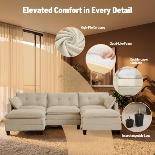 Amsleekey 111.5" U Shaped Modular Sectional Sofa, Beige Corduroy | Cloud...