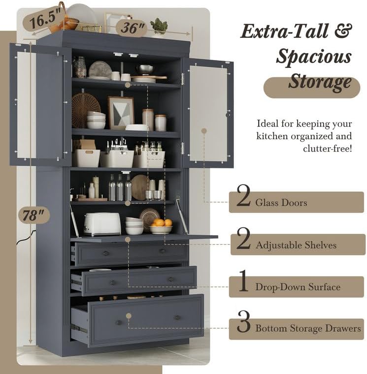 SOFTSEA Kitchen Pantry Cabinet with 3 Drawers, Kitchen Storage Cupboard with ...