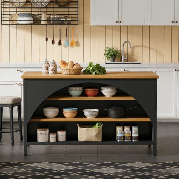Kitchen Island with Open Shelves, Black and Natural Wood Top | 3-Tier Storage...