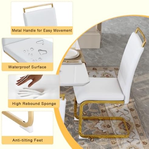 79" White Gold Dining Table Set for 8, Luxury Faux Marble Dining Table S...