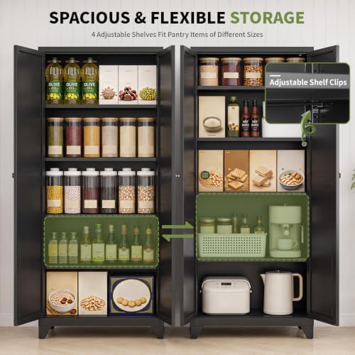 71" Metal Kitchen Pantry Cabinet with 4 Adjustable Shelves & Doors |...